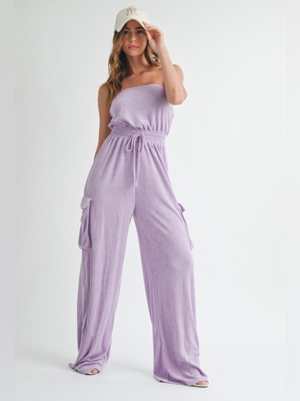 Strapless Lavender Terry Cloth Wide-Leg Long Jumpsuit/Onesie